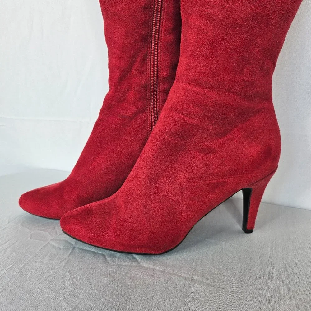 Red Velour Knee-High Women's Boots with Rose/Flower Accents, Size 6M - Picture 2 of 16
